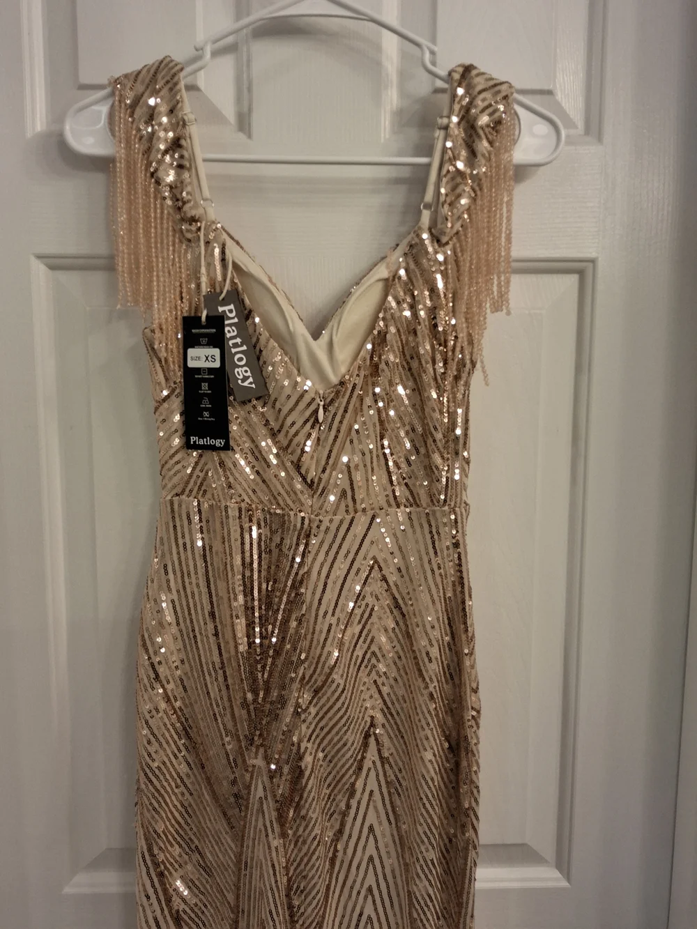 Beaded ROSE GOLD Sequin Evening Gown with‎ Fringe Shoulders